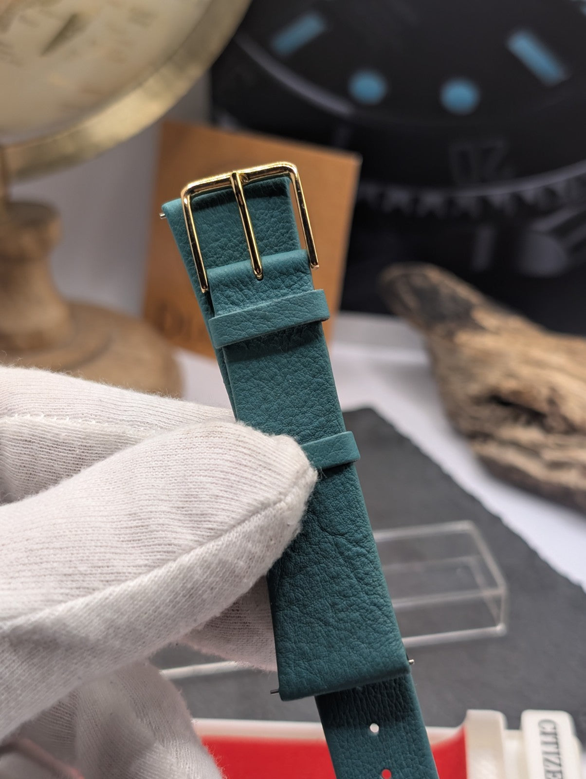 Citizen Vintage Watch Strap NOS 20mm Dark Green Leather Gold Buckle – Japan